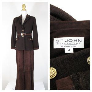 St. John Collection Couture Brown Santana Knit Suede Leather Pant Suit 4